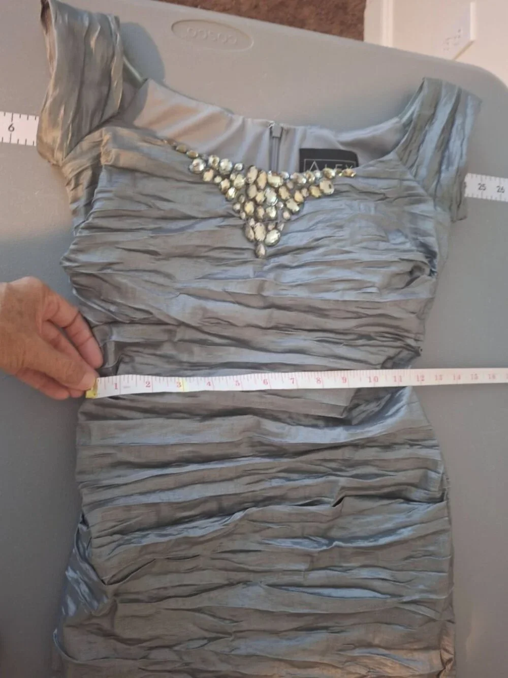 Alex Evenings Gown 8 Silver Gray Ruched Jeweled Maxi Dress Y2K Formal Glam